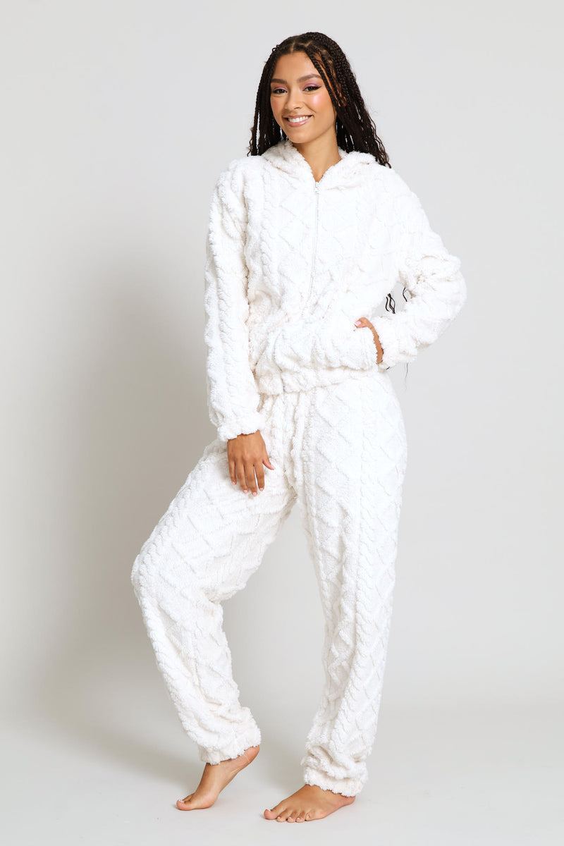 Long Sleeve Zip Through & Cosy Pant Cable Knit Set - Natural