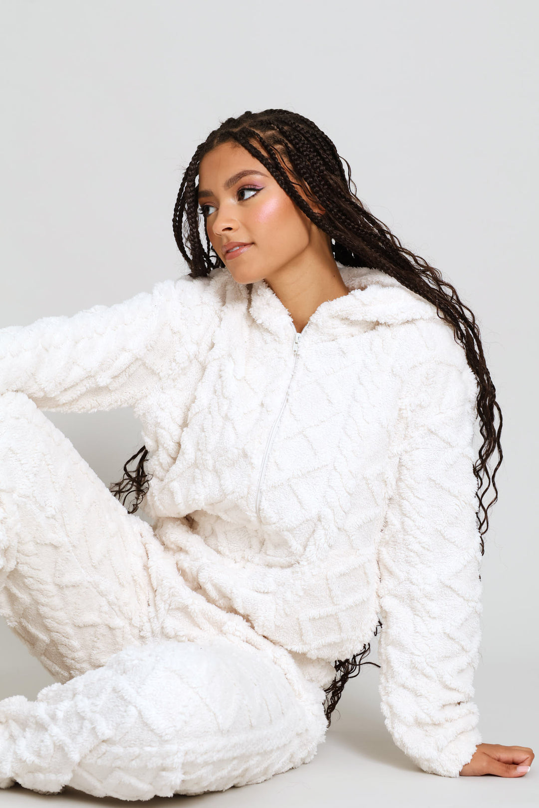 Long Sleeve Zip Through & Cosy Pant Cable Knit Set - Natural