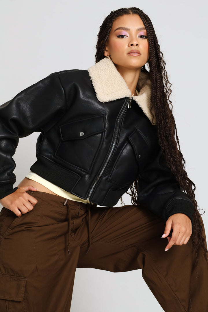 Zip Through Bonded Sherpa Jacket - Black