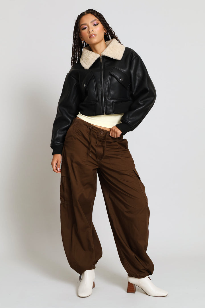 Zip Through Bonded Sherpa Jacket - Black
