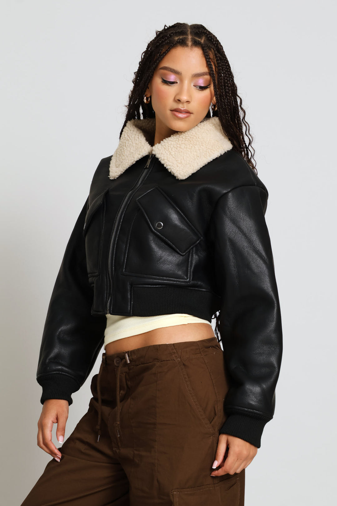 Zip Through Bonded Sherpa Jacket - Black