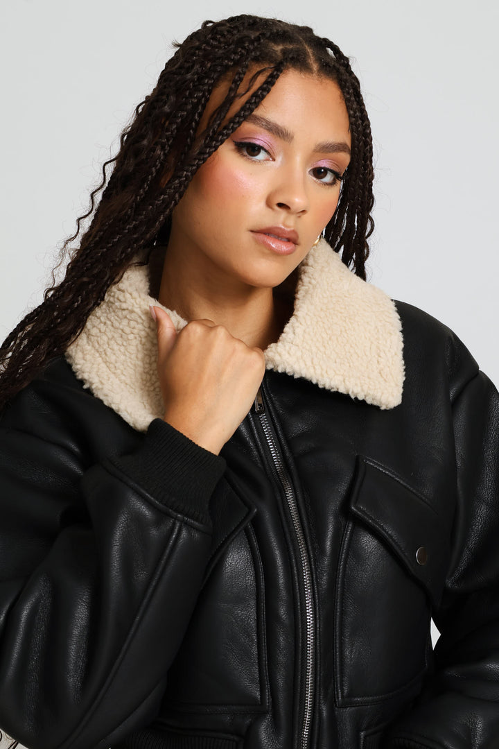 Zip Through Bonded Sherpa Jacket - Black