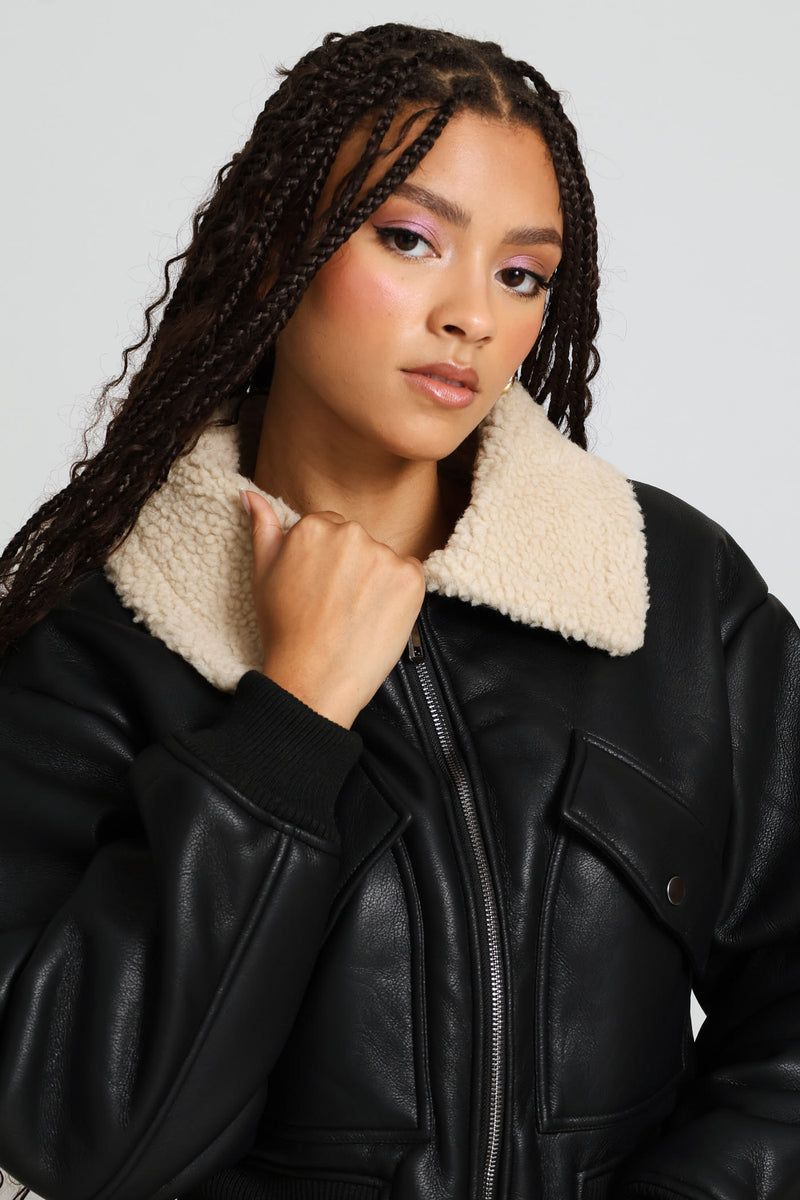 Zip Through Bonded Sherpa Jacket - Black