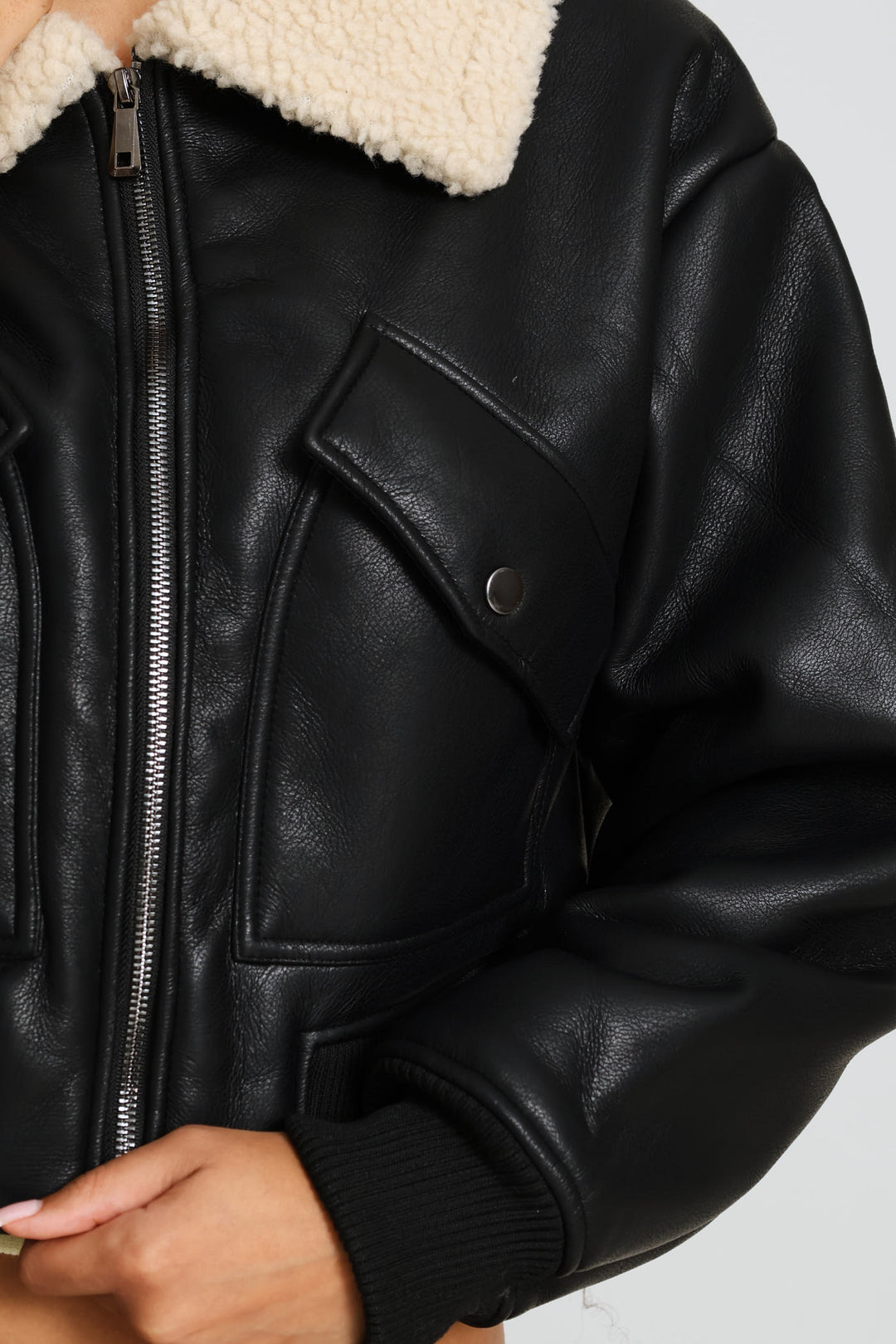 Zip Through Bonded Sherpa Jacket - Black