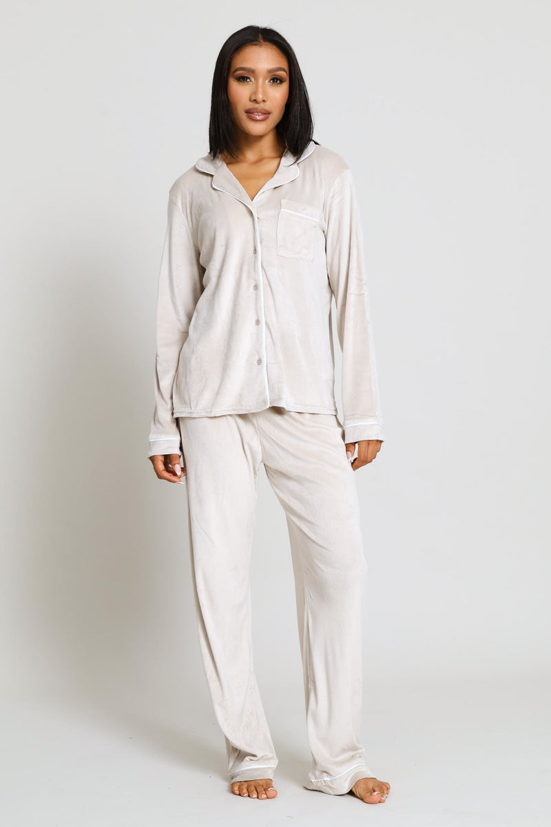 Long Sleeve Button Through & Velour Pant Set - Taupe