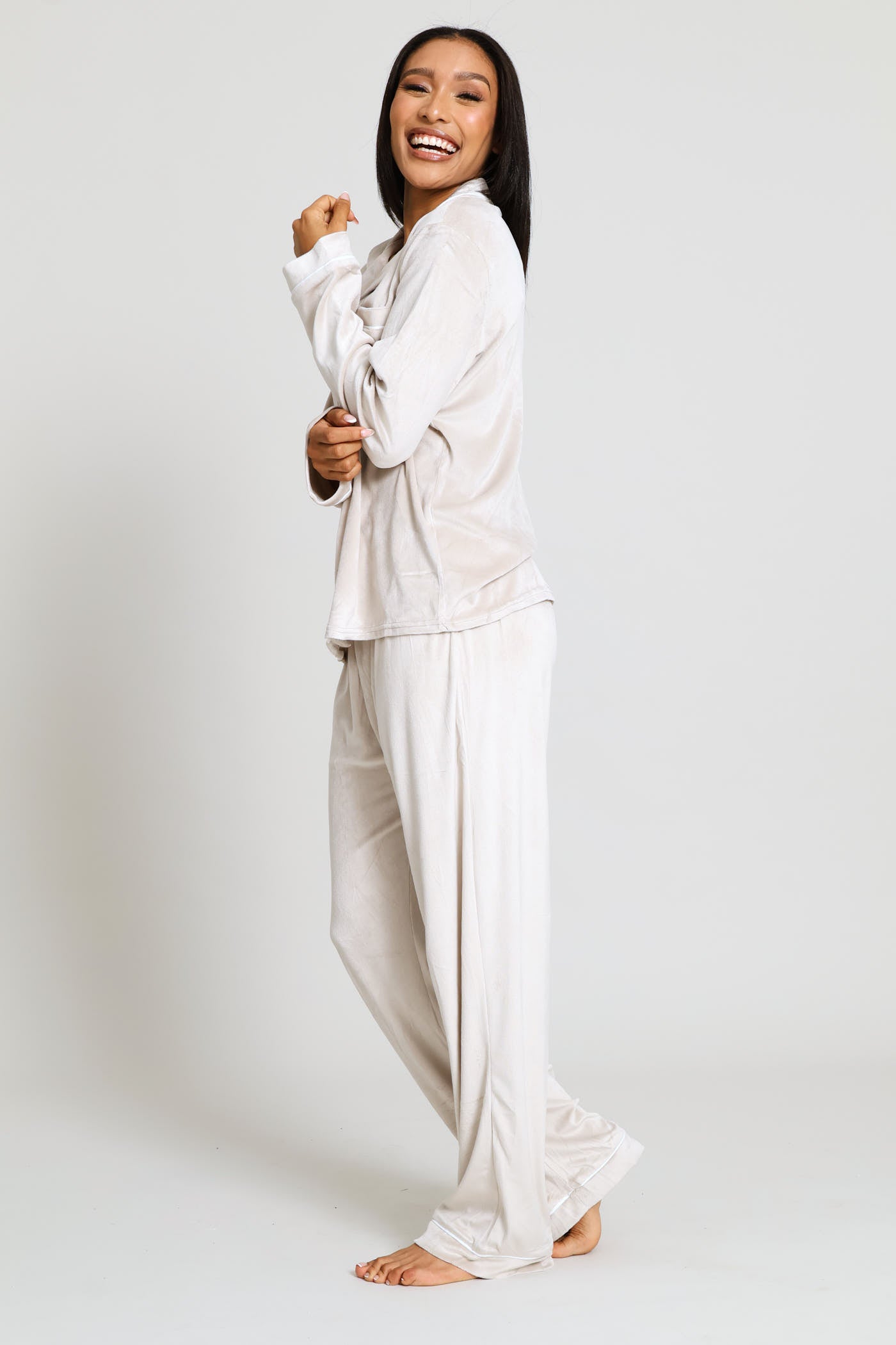 Ladies Long Sleeve Button Through & Velour Pant Set - Taupe – Edgars
