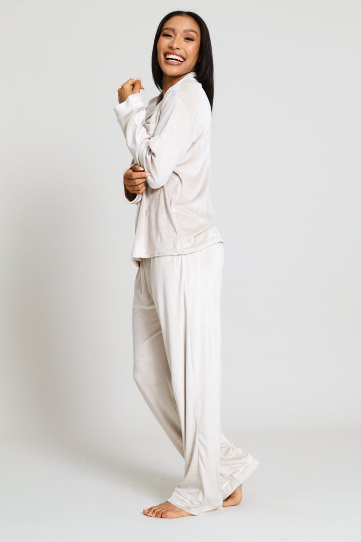 Long Sleeve Button Through & Velour Pant Set - Taupe