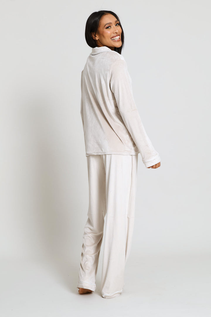 Long Sleeve Button Through & Velour Pant Set - Taupe