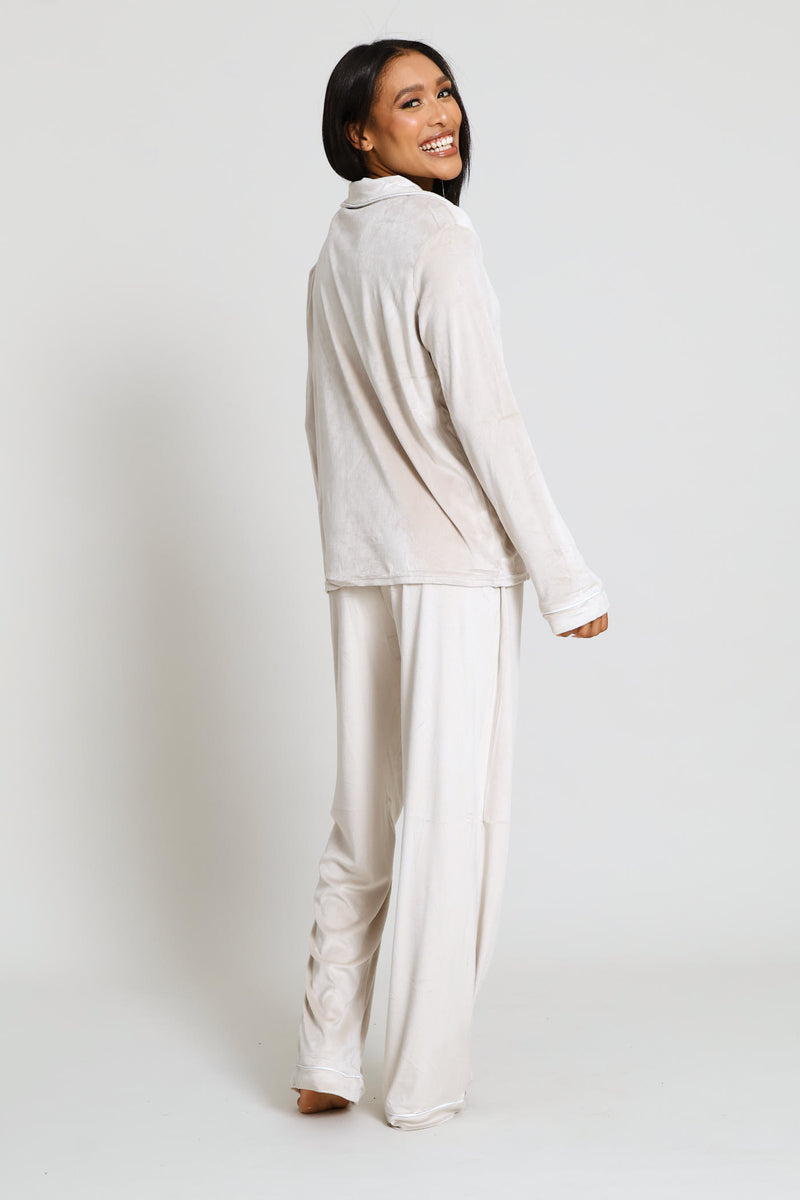 Long Sleeve Button Through & Velour Pant Set - Taupe