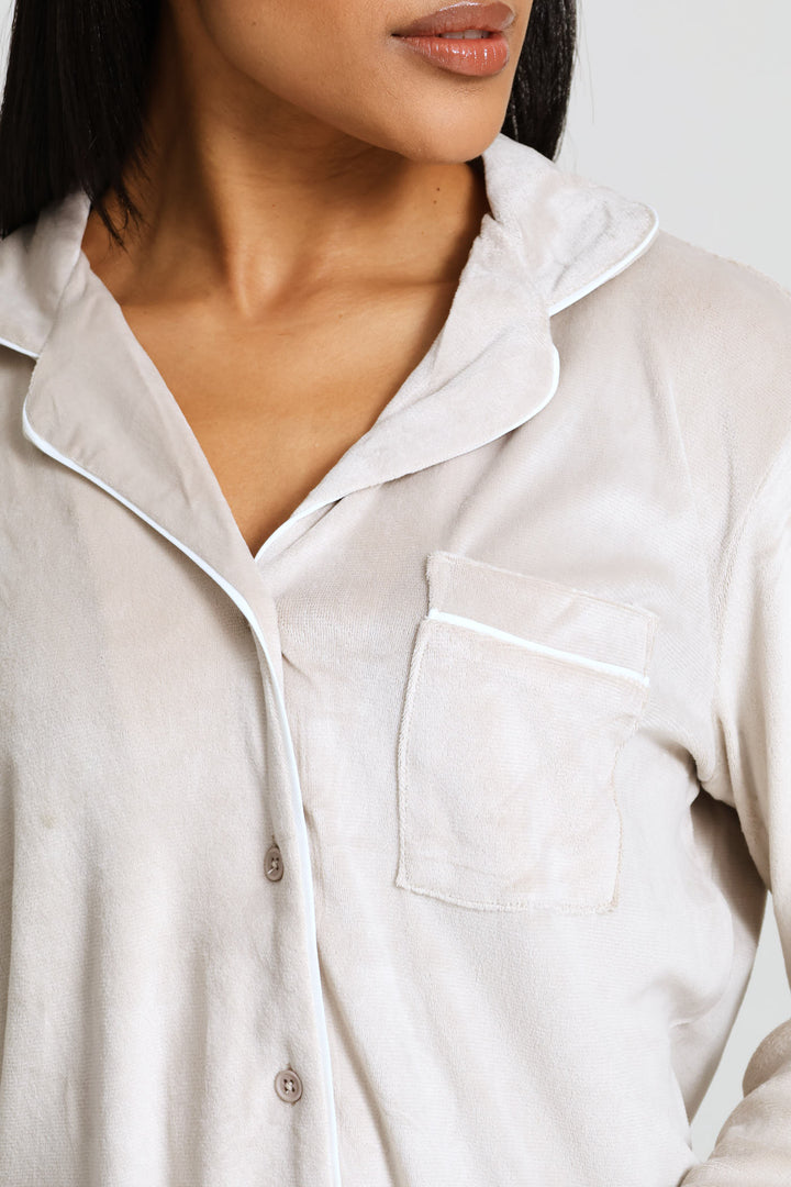 Long Sleeve Button Through & Velour Pant Set - Taupe