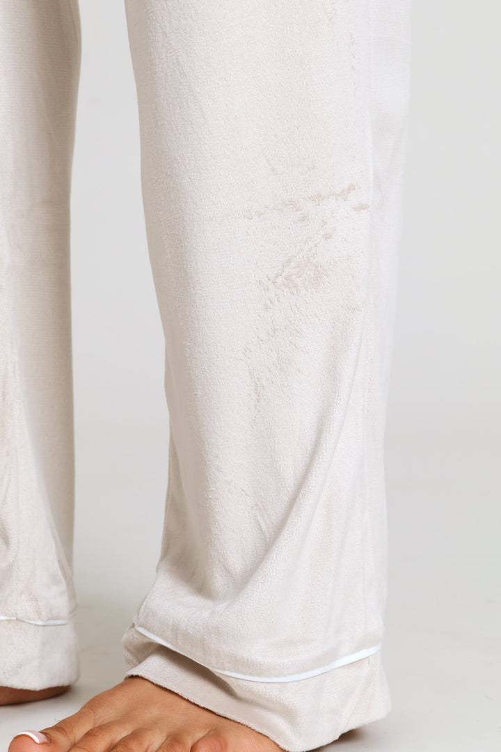 Long Sleeve Button Through & Velour Pant Set - Taupe