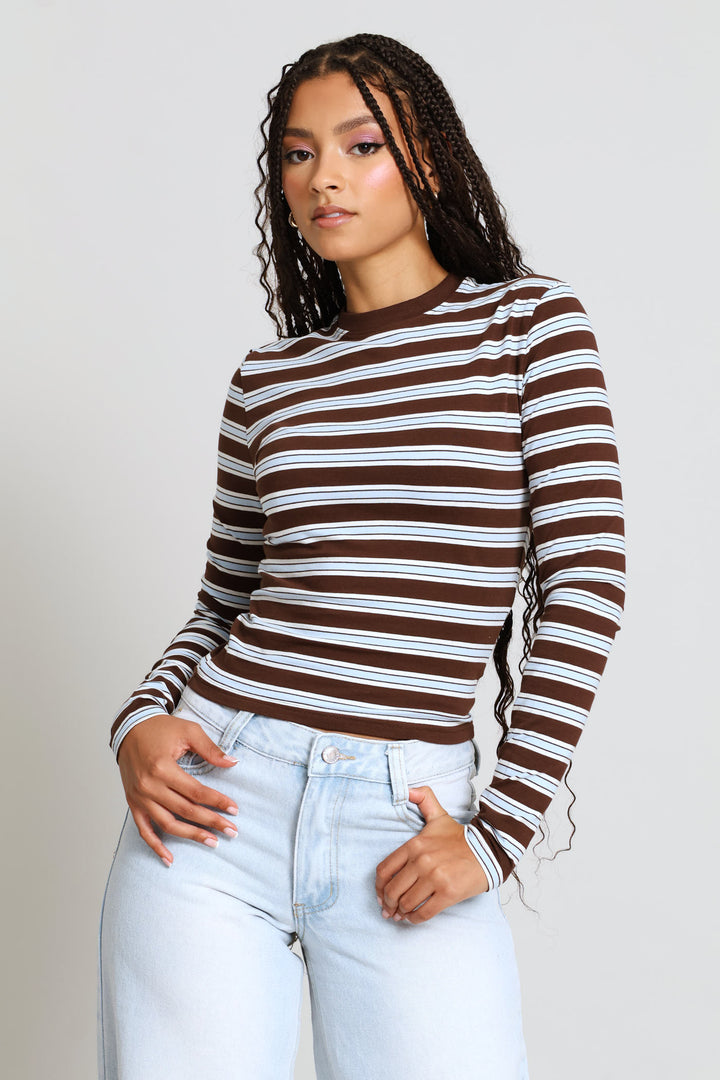 Long Sleeve Yarn Dye Stripe Tee - Chocolate
