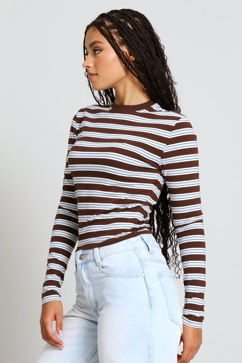 Long Sleeve Yarn Dye Stripe Tee - Chocolate