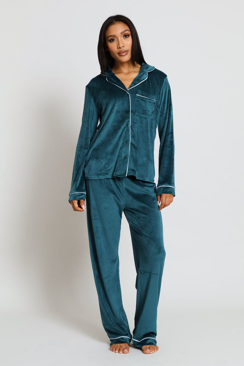Long Sleeve Button Through & Velour Pant Set - Emerald