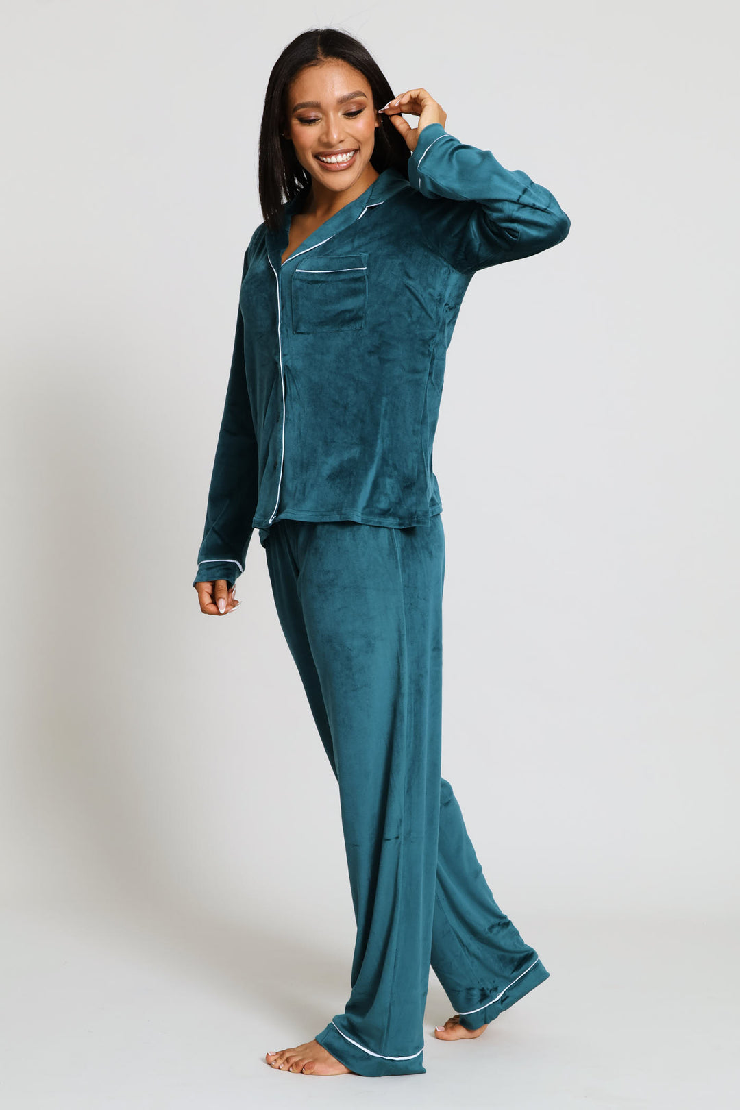 Long Sleeve Button Through & Velour Pant Set - Emerald