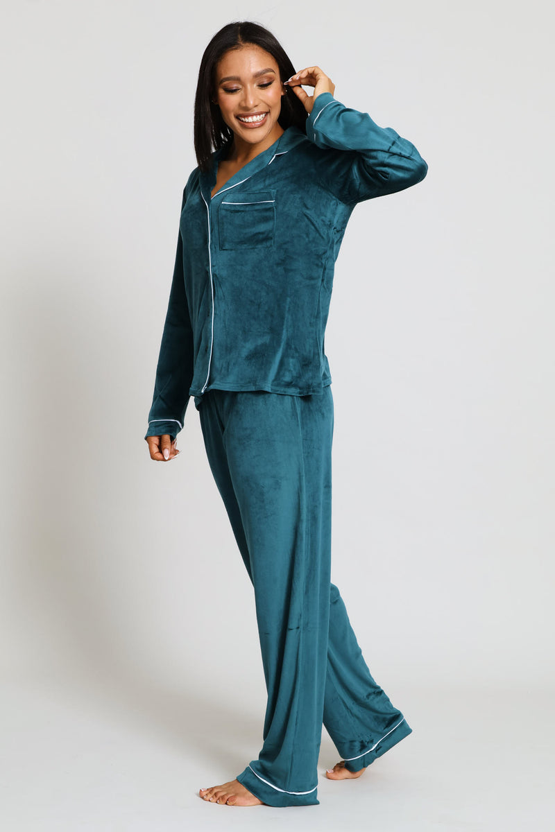 Long Sleeve Button Through & Velour Pant Set - Emerald