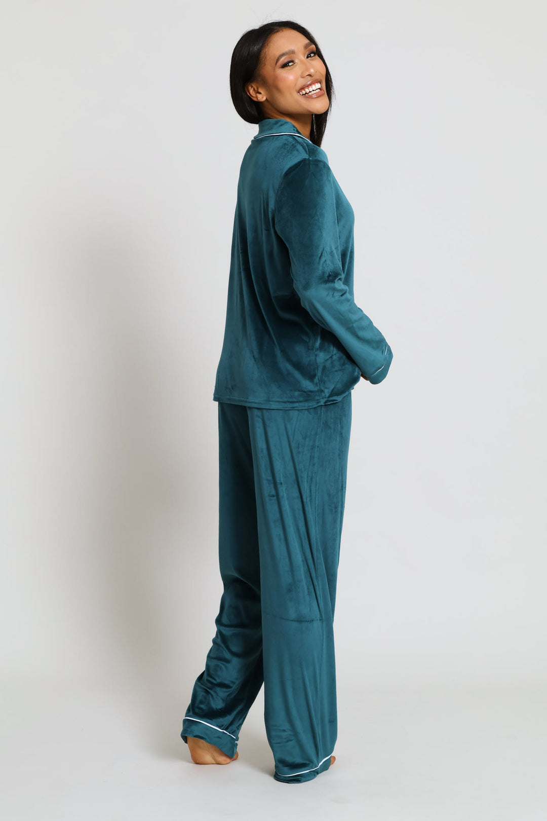 Long Sleeve Button Through & Velour Pant Set - Emerald