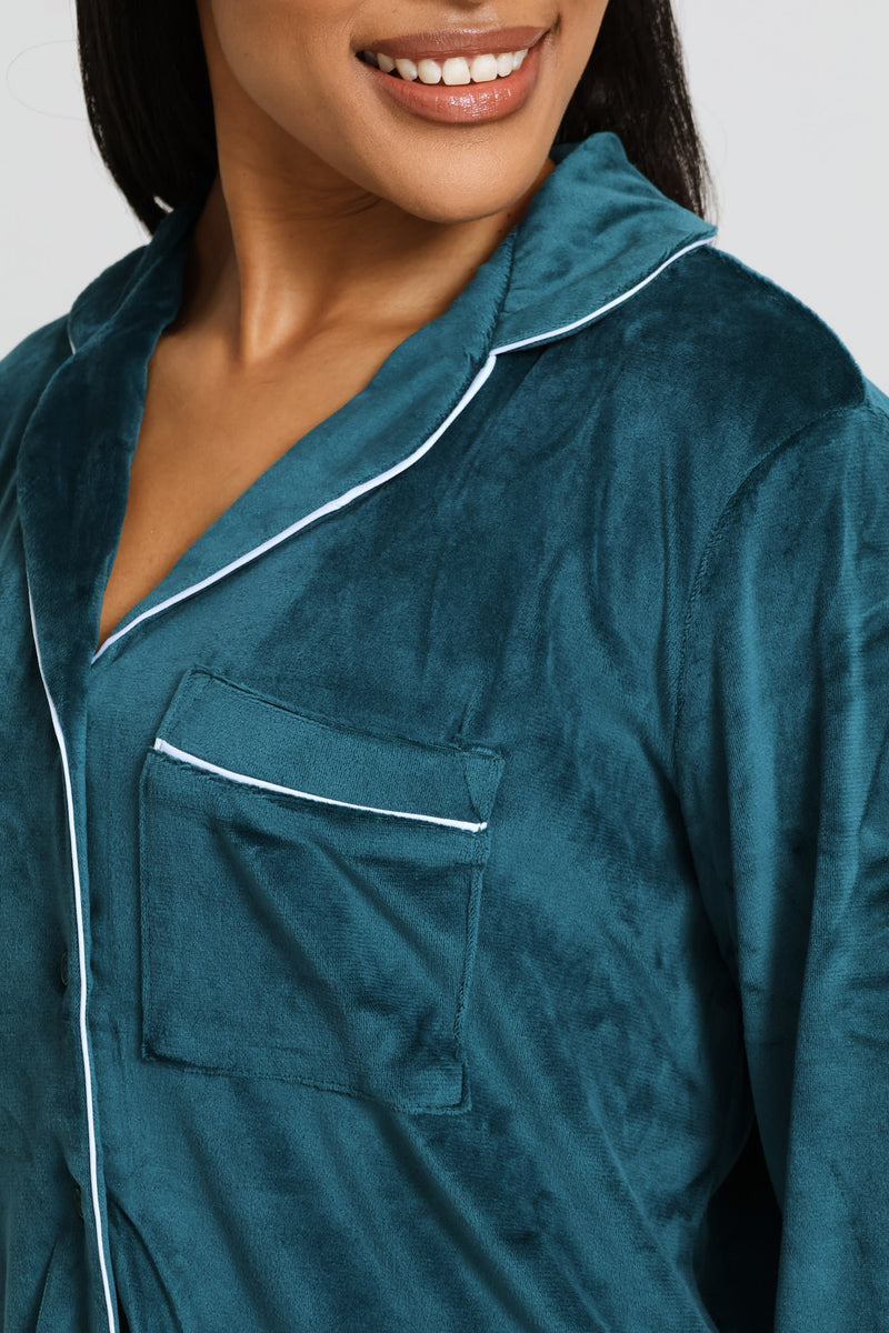 Long Sleeve Button Through & Velour Pant Set - Emerald