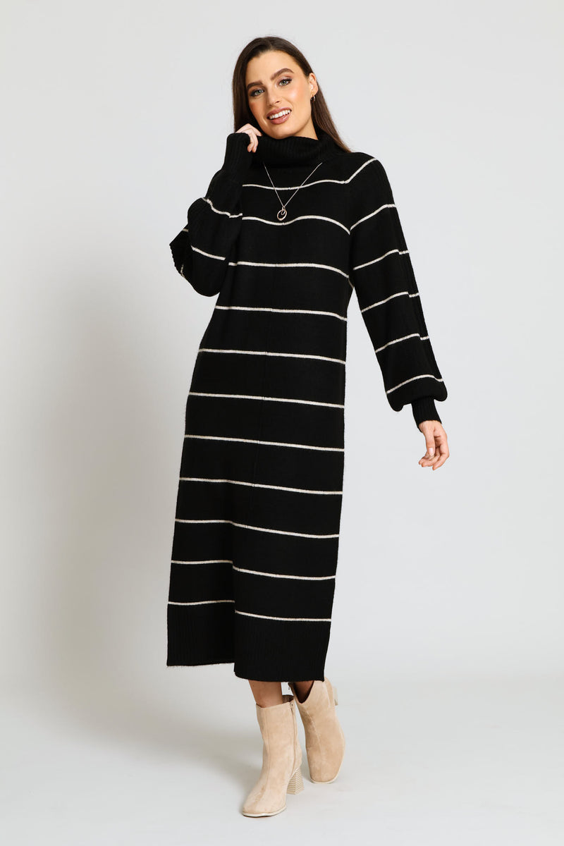 Balloon Sleeve Roll Neck Jersey Midi Dress - Black/Beige