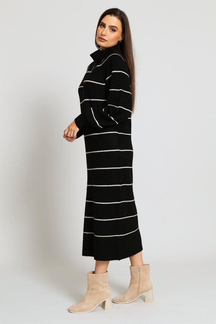 Balloon Sleeve Roll Neck Jersey Midi Dress - Black/Beige
