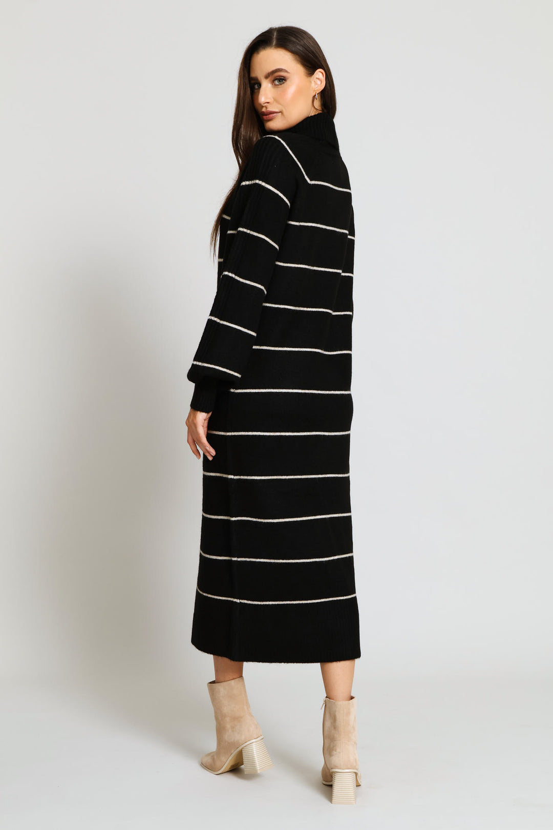 Balloon Sleeve Roll Neck Jersey Midi Dress - Black/Beige