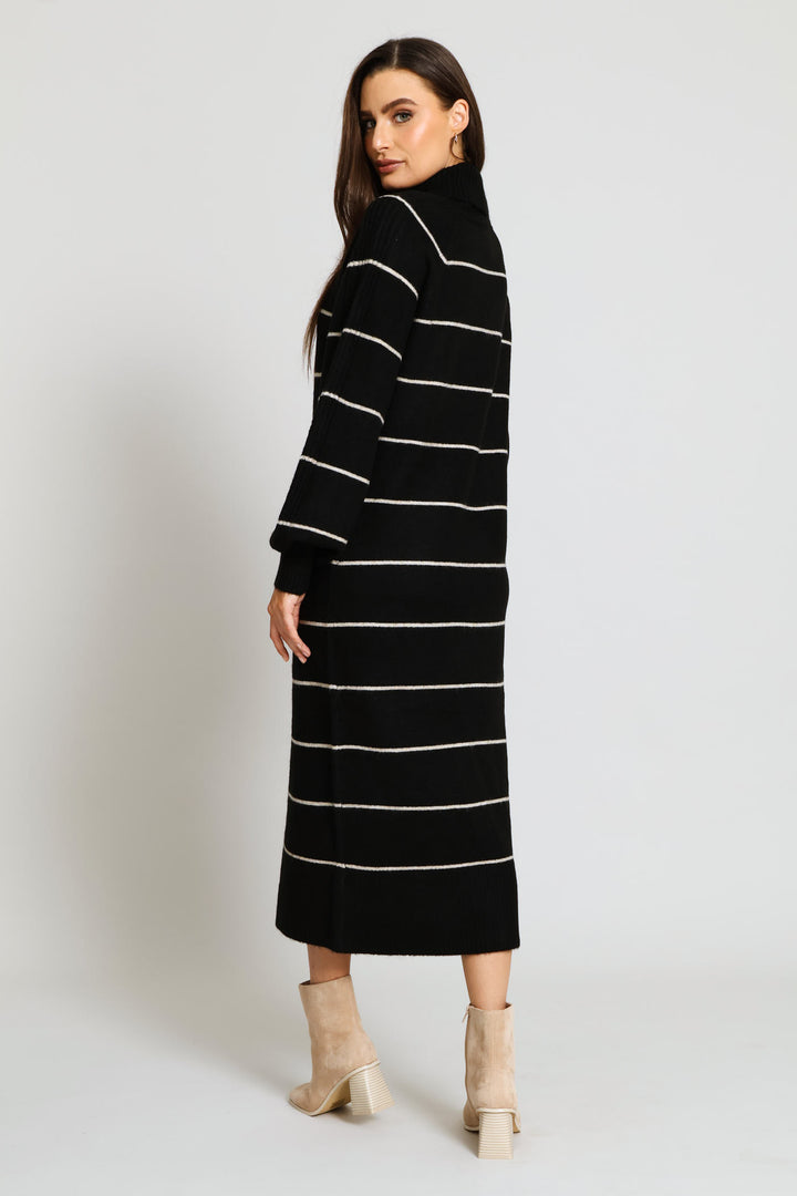 Balloon Sleeve Roll Neck Jersey Midi Dress - Black/Beige
