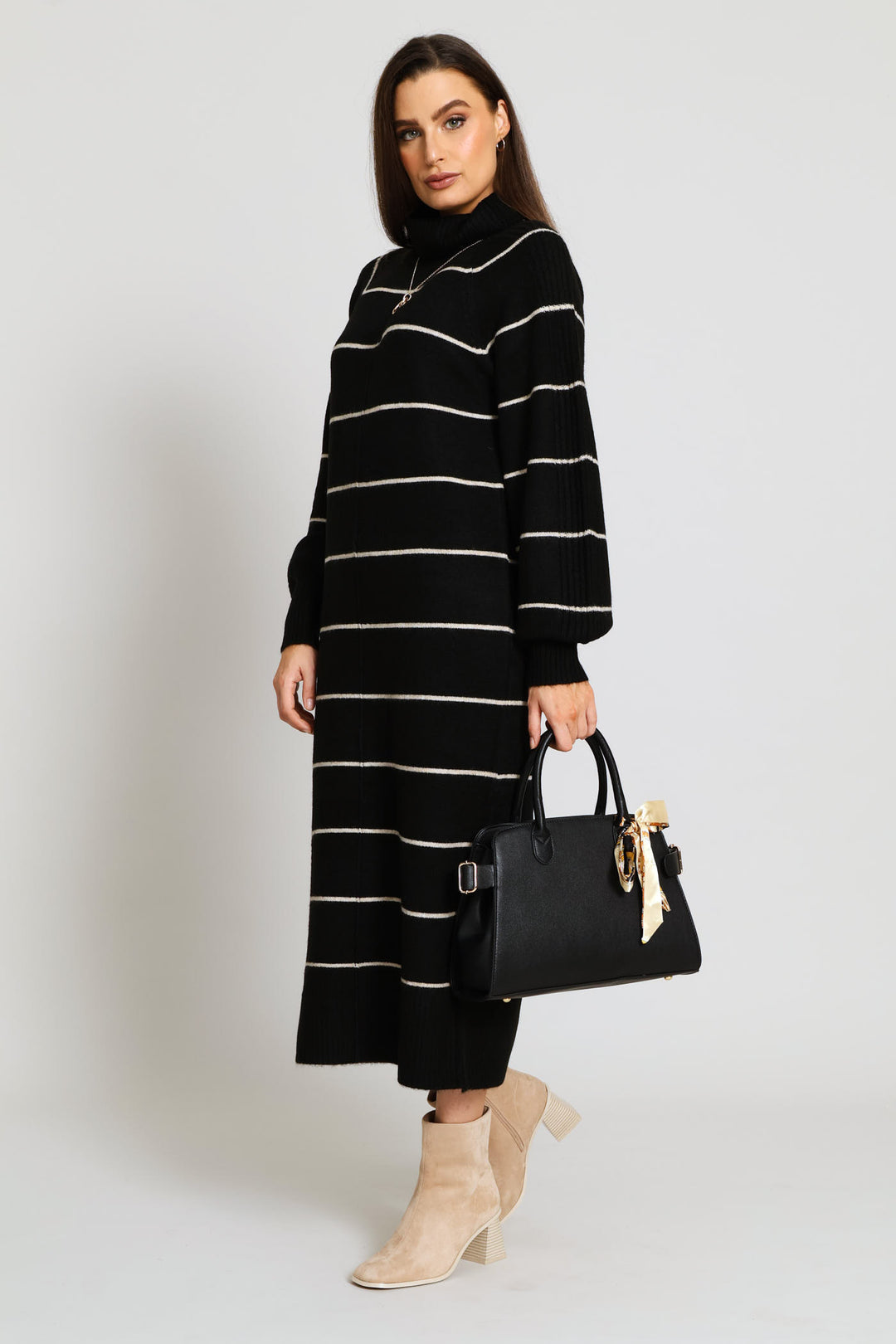 Ribbon Trim Gold Hardware Barrel Bag - Black