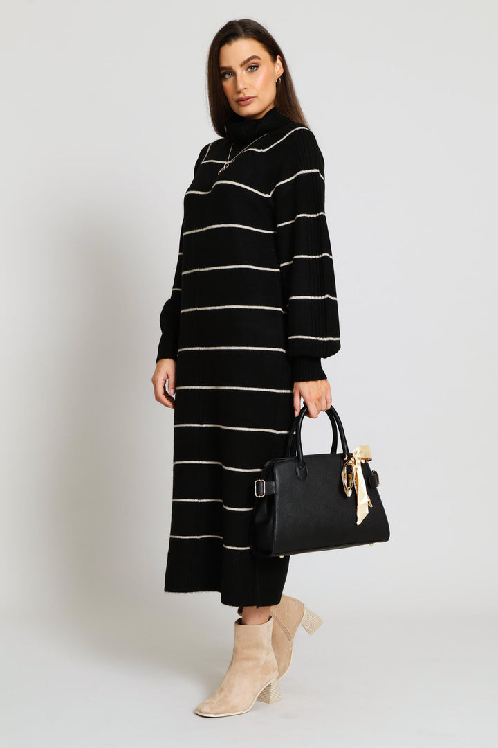 Ribbon Trim Gold Hardware Barrel Bag - Black
