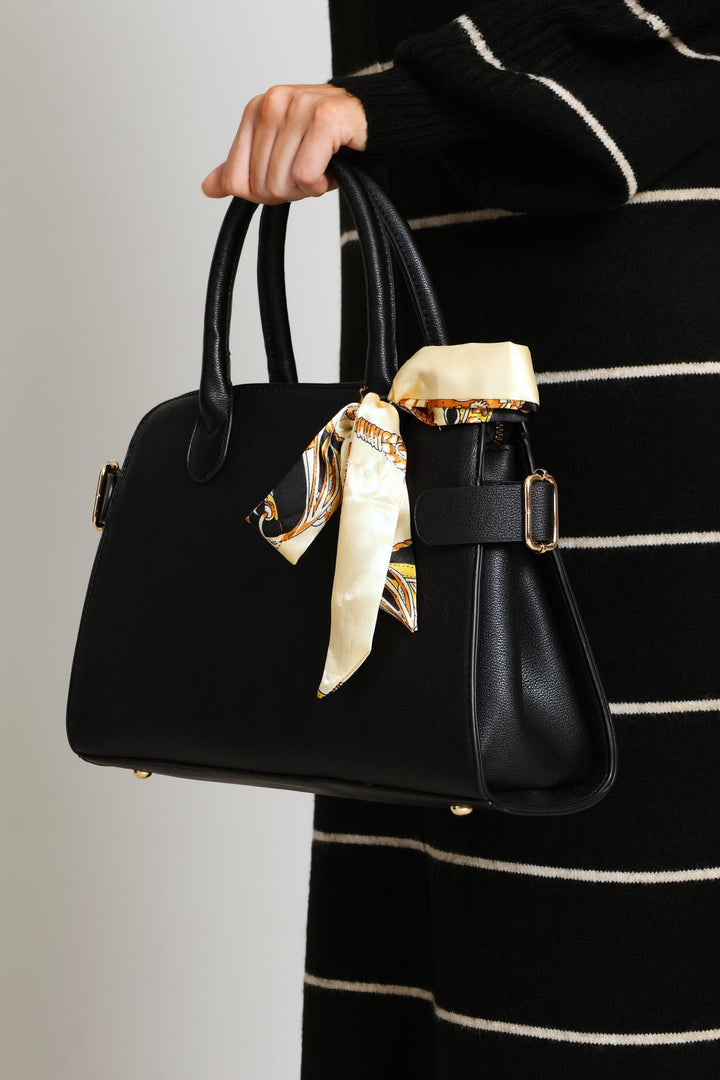 Ribbon Trim Gold Hardware Barrel Bag - Black