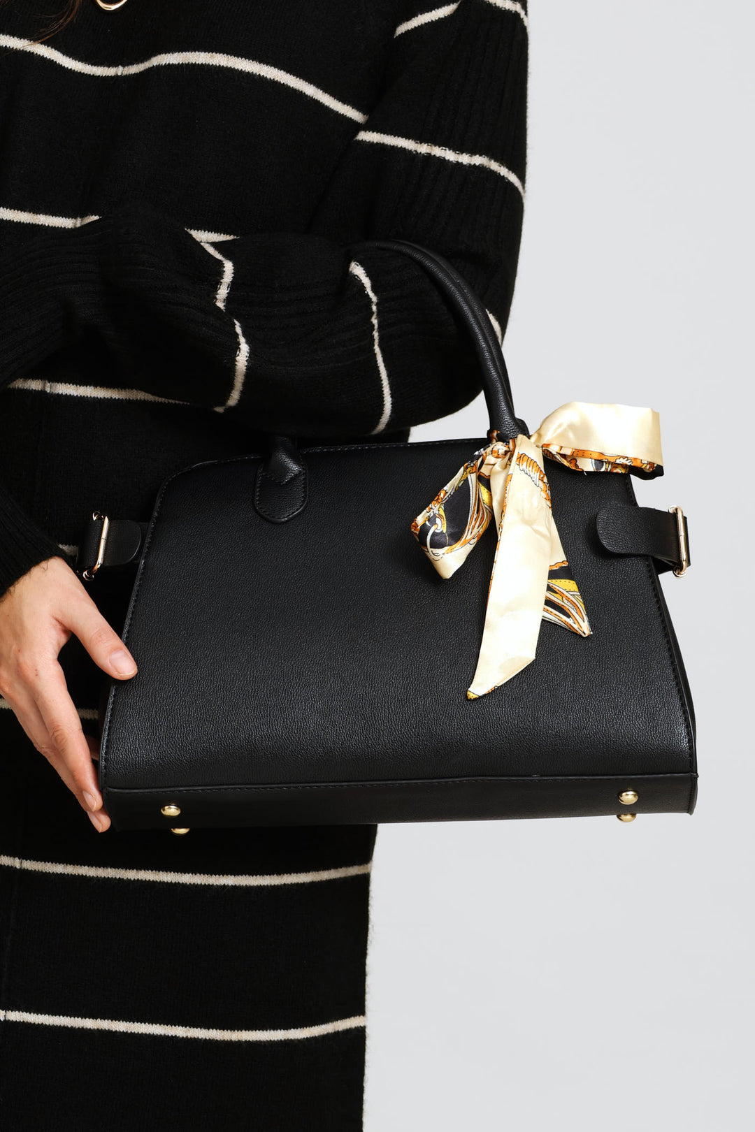 Ribbon Trim Gold Hardware Barrel Bag - Black