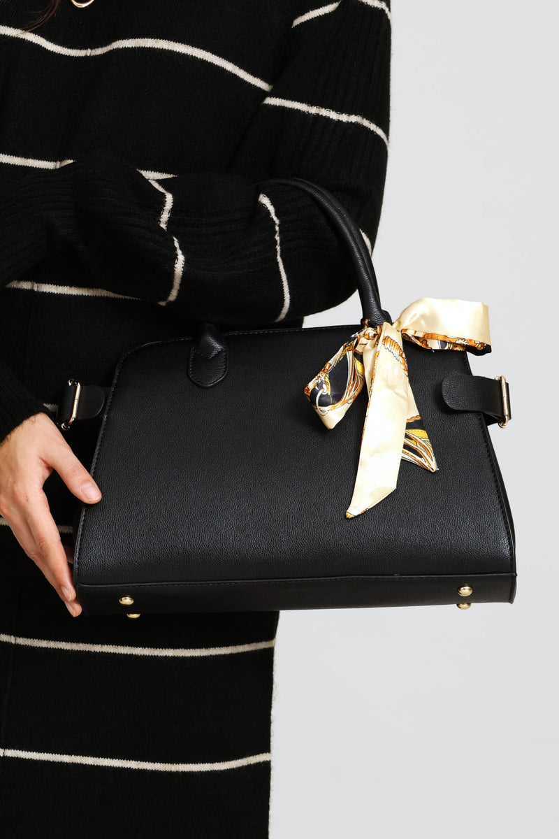 Ribbon Trim Gold Hardware Barrel Bag - Black
