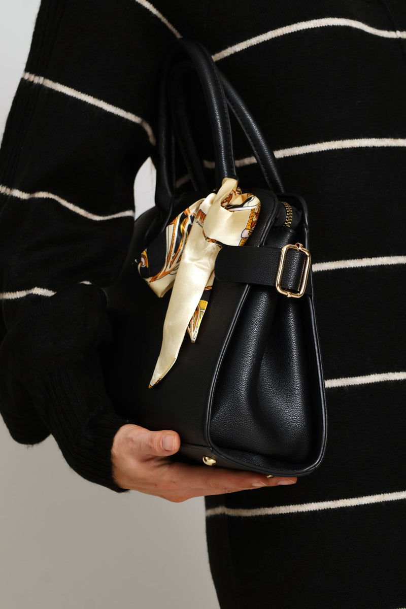 Ribbon Trim Gold Hardware Barrel Bag - Black