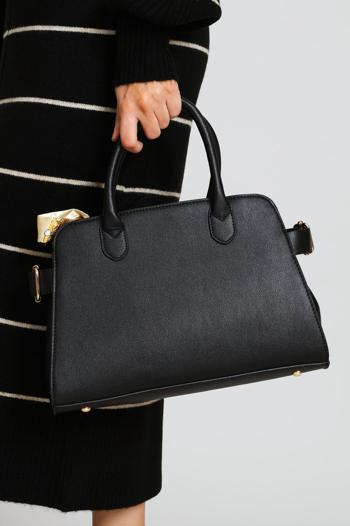 Ribbon Trim Gold Hardware Barrel Bag - Black