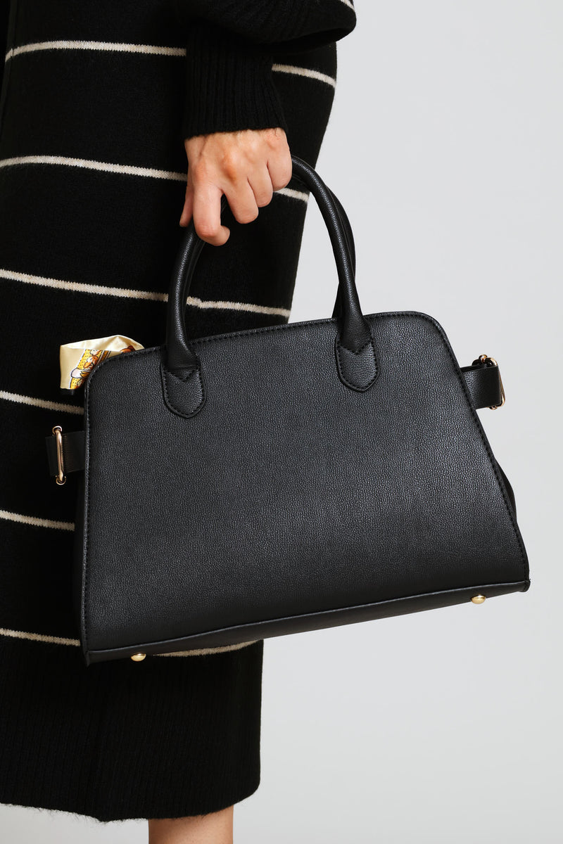 Ribbon Trim Gold Hardware Barrel Bag - Black