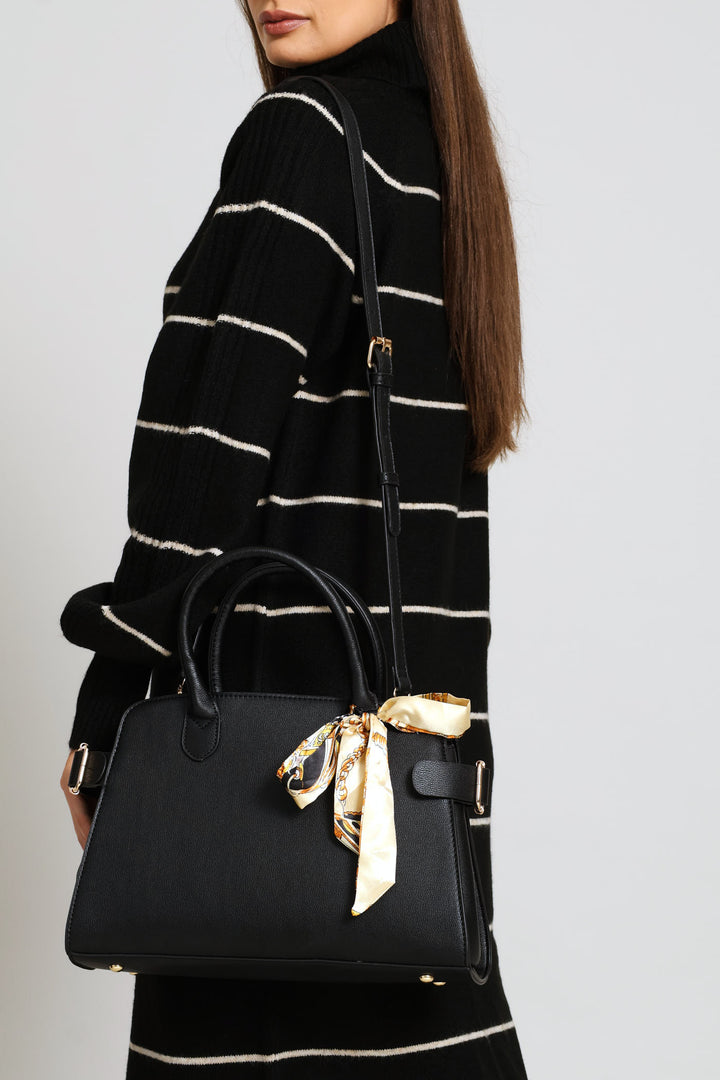 Ribbon Trim Gold Hardware Barrel Bag - Black