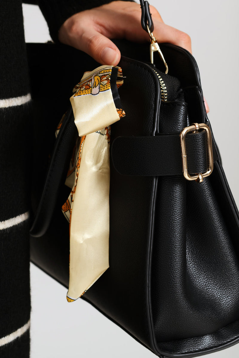 Ribbon Trim Gold Hardware Barrel Bag - Black