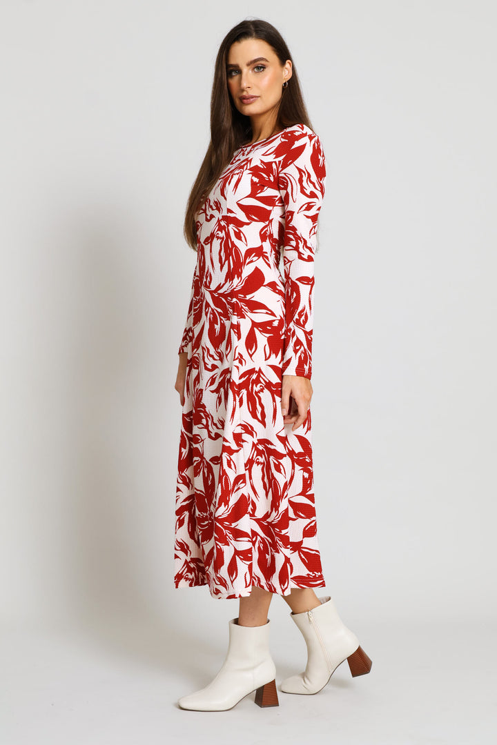 Fit & Flare Panelled Crinkle Midi Dress - White/Red