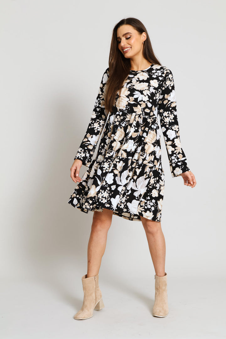 Long Sleeve Tiered Crinkle Mini Dress - Black/White