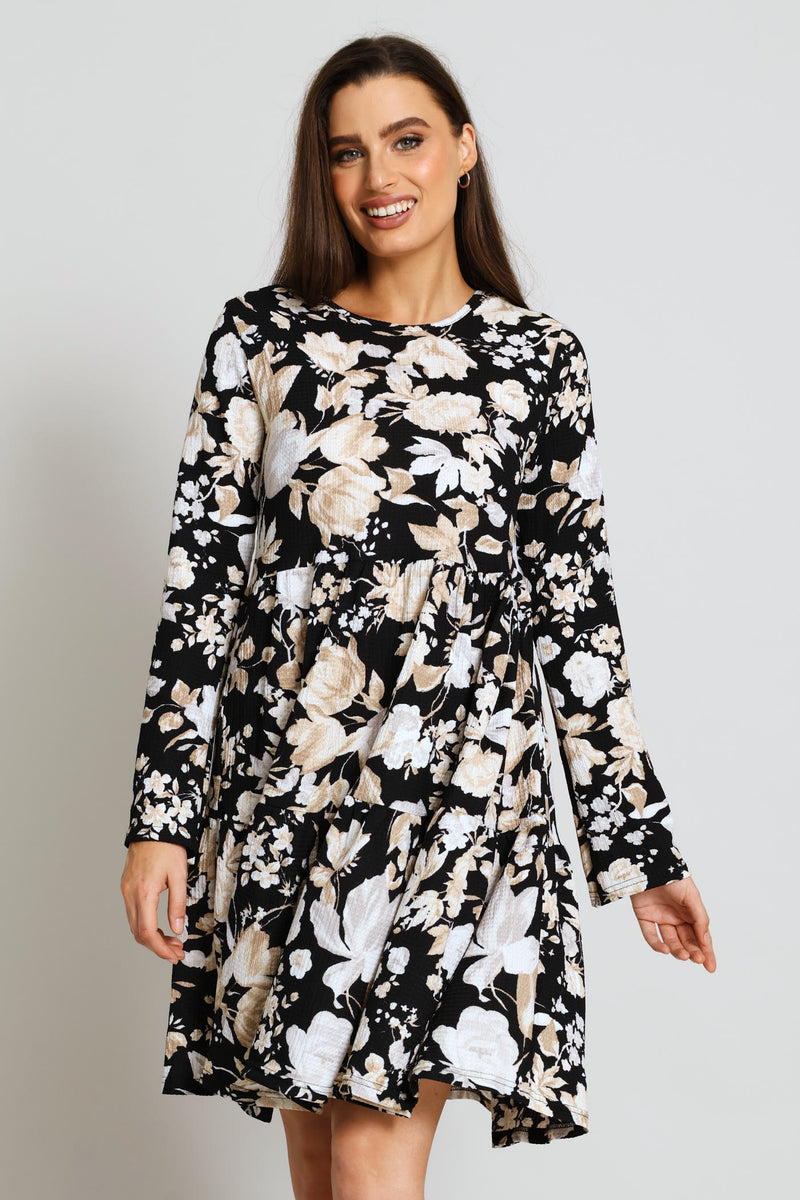 Long Sleeve Tiered Crinkle Mini Dress - Black/White