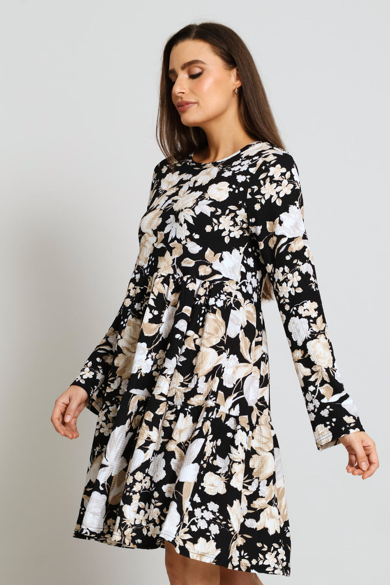 Long Sleeve Tiered Crinkle Mini Dress - Black/White