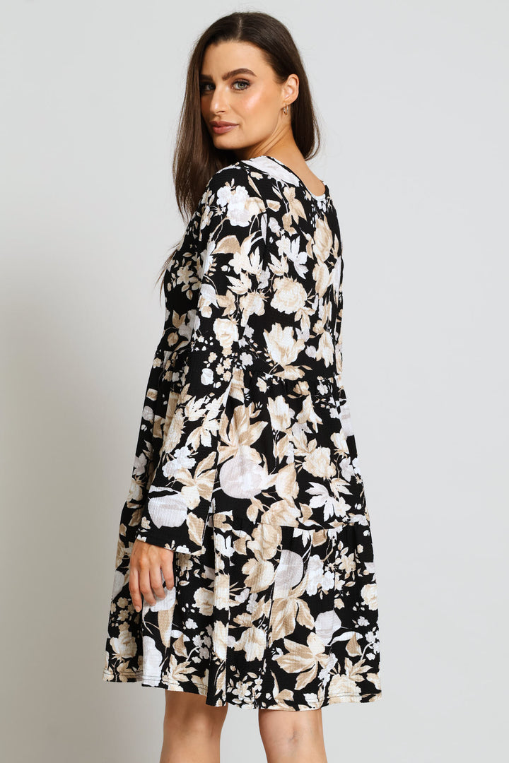 Long Sleeve Tiered Crinkle Mini Dress - Black/White