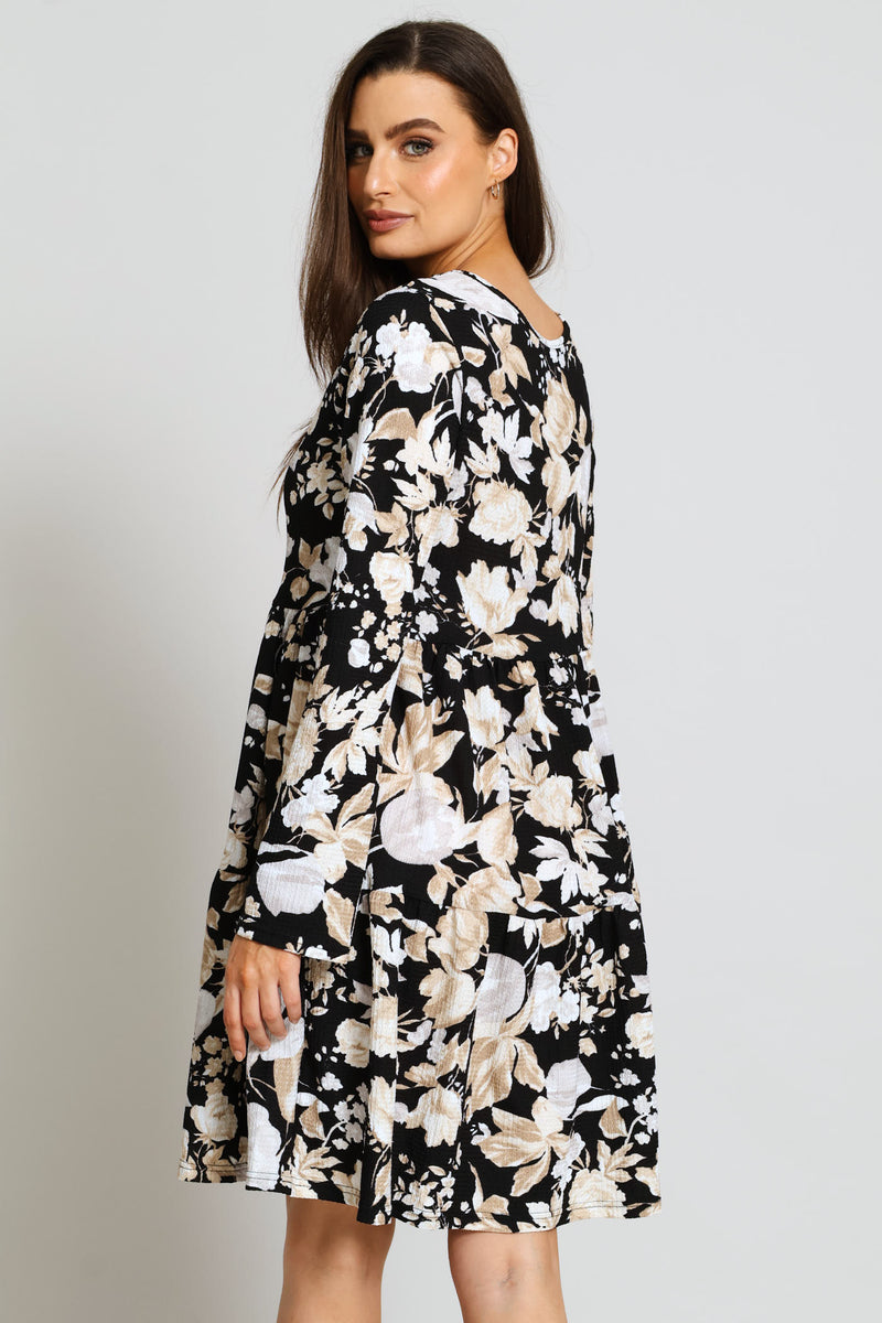 Long Sleeve Tiered Crinkle Mini Dress - Black/White