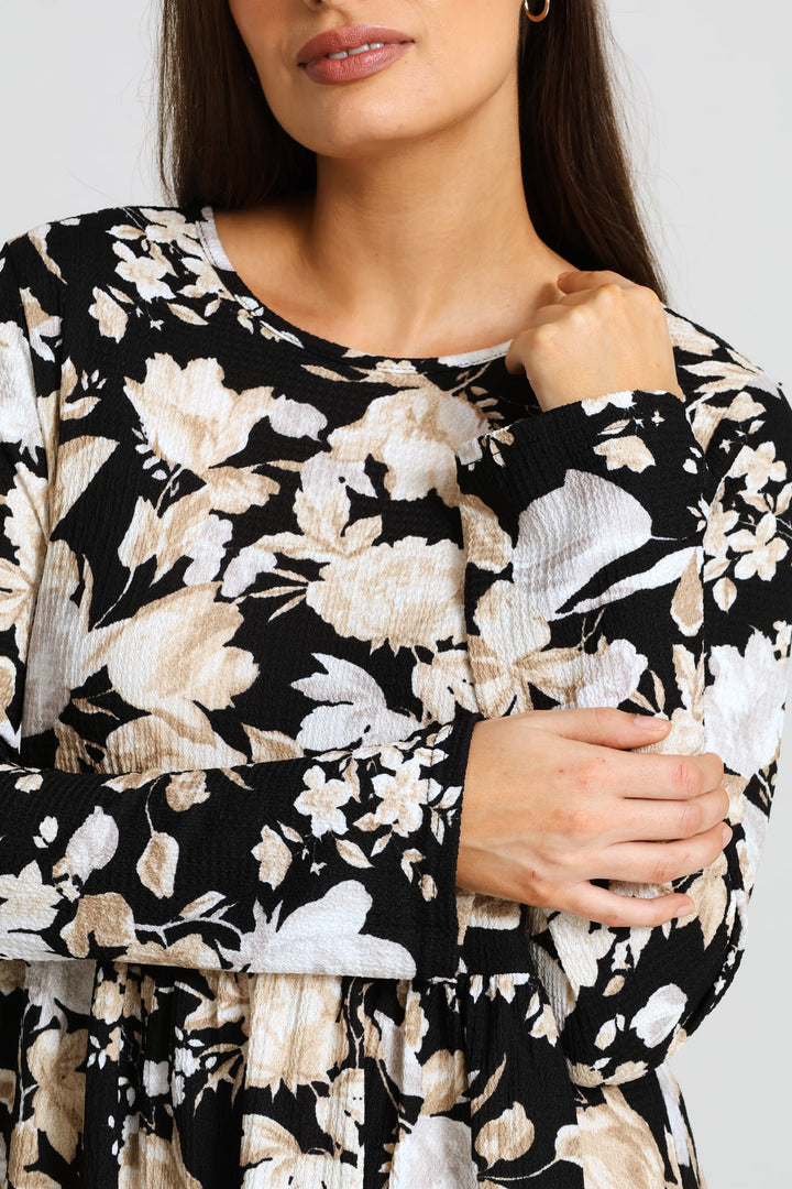 Long Sleeve Tiered Crinkle Mini Dress - Black/White
