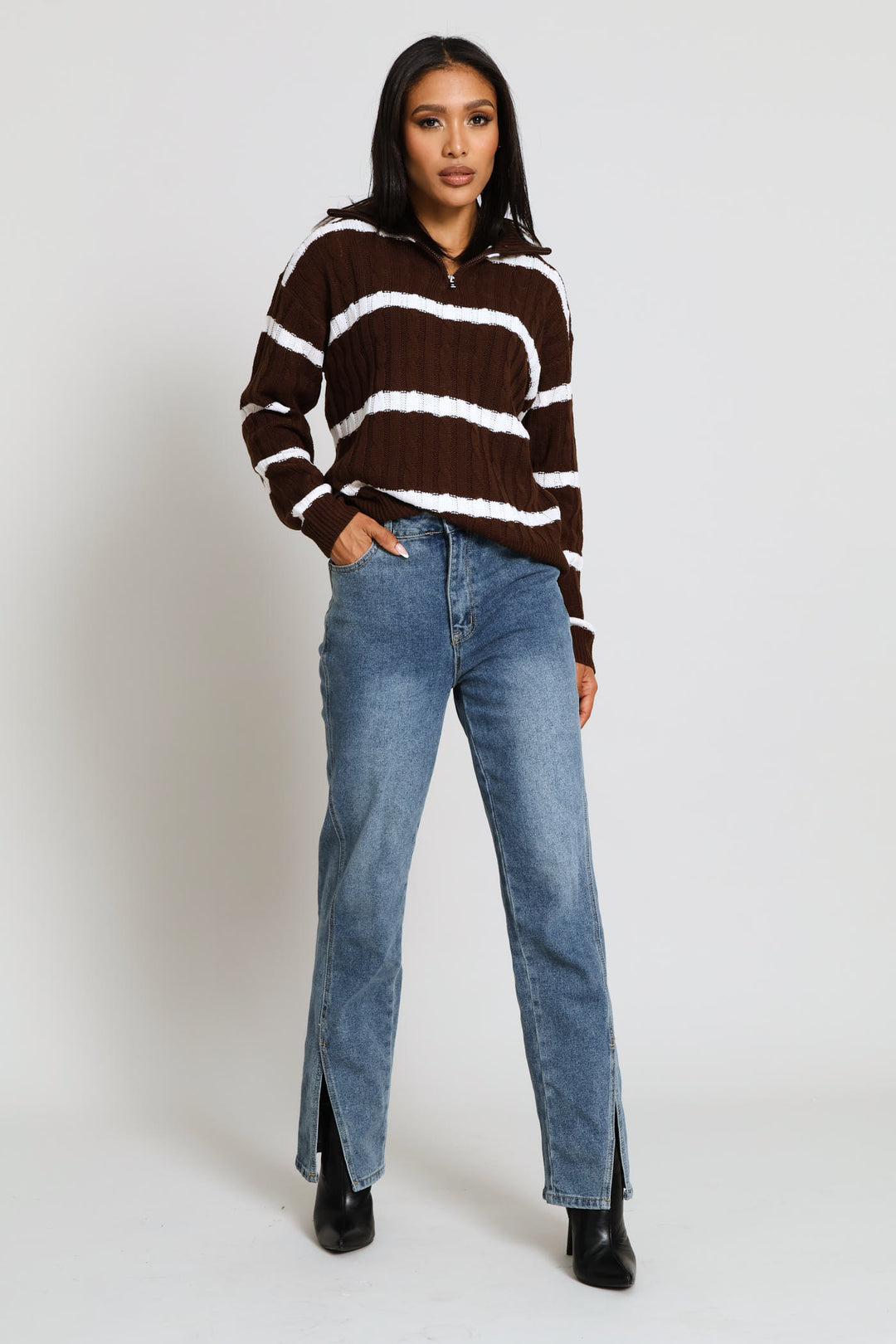 Quarter Zip Funnel Neck Cable Knitwear - Dark Chocolate