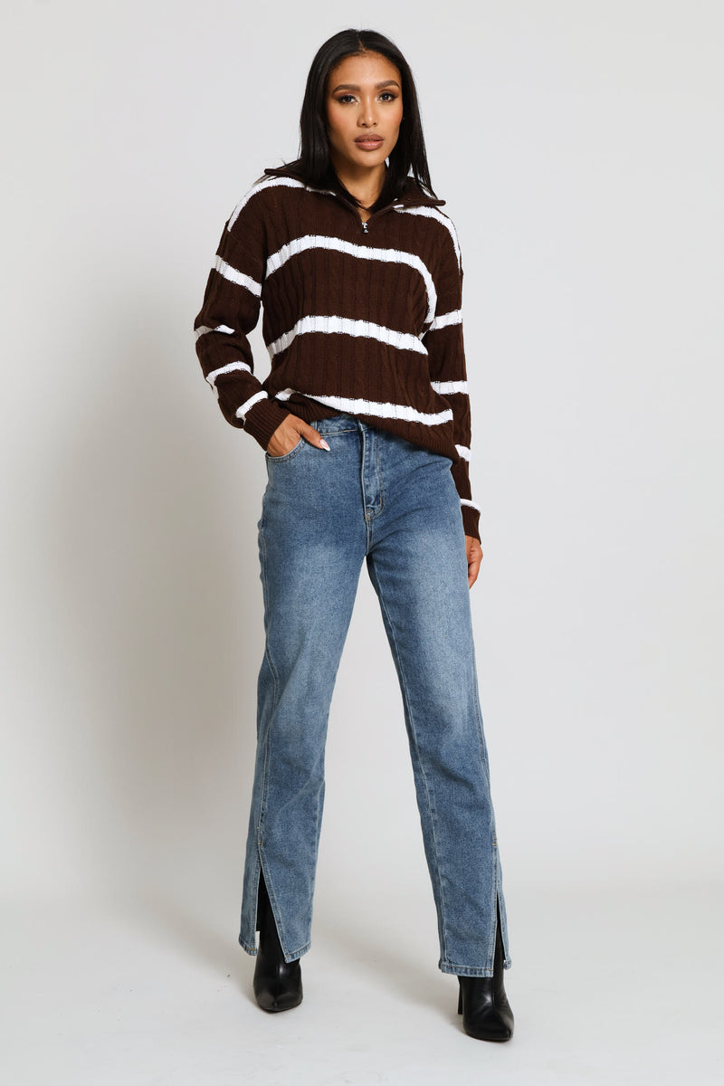 Quarter Zip Funnel Neck Cable Knitwear - Dark Chocolate