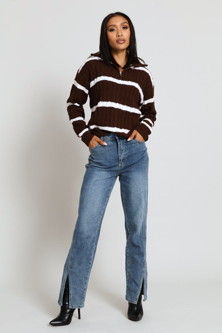 Split Hem Panel Detail Slim Leg Denim - Tea Stain