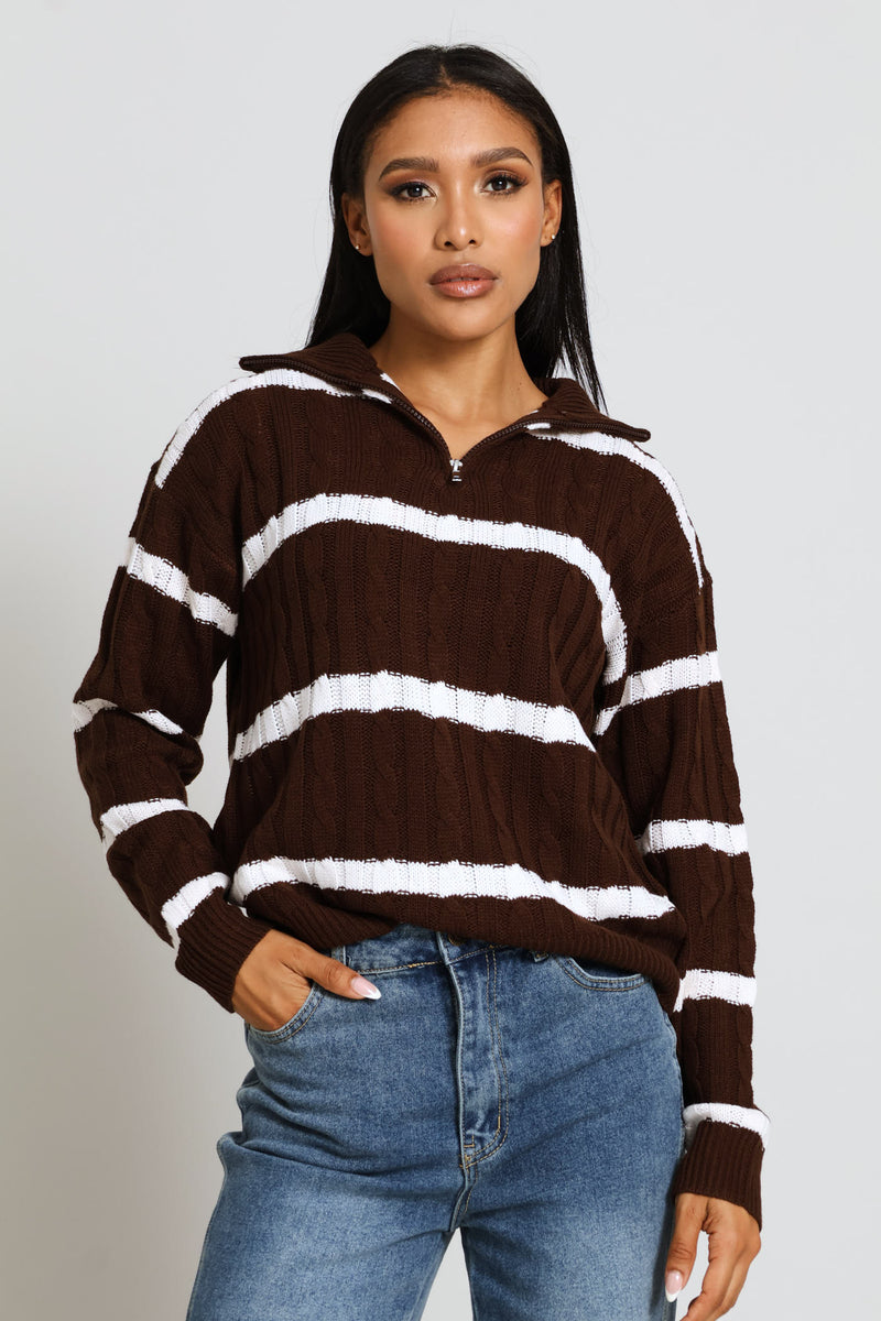 Quarter Zip Funnel Neck Cable Knitwear - Dark Chocolate