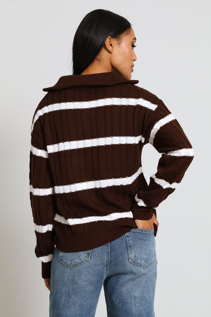 Quarter Zip Funnel Neck Cable Knitwear - Dark Chocolate