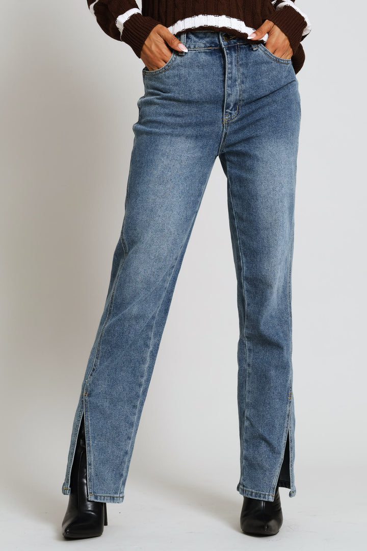 Split Hem Panel Detail Slim Leg Denim - Tea Stain