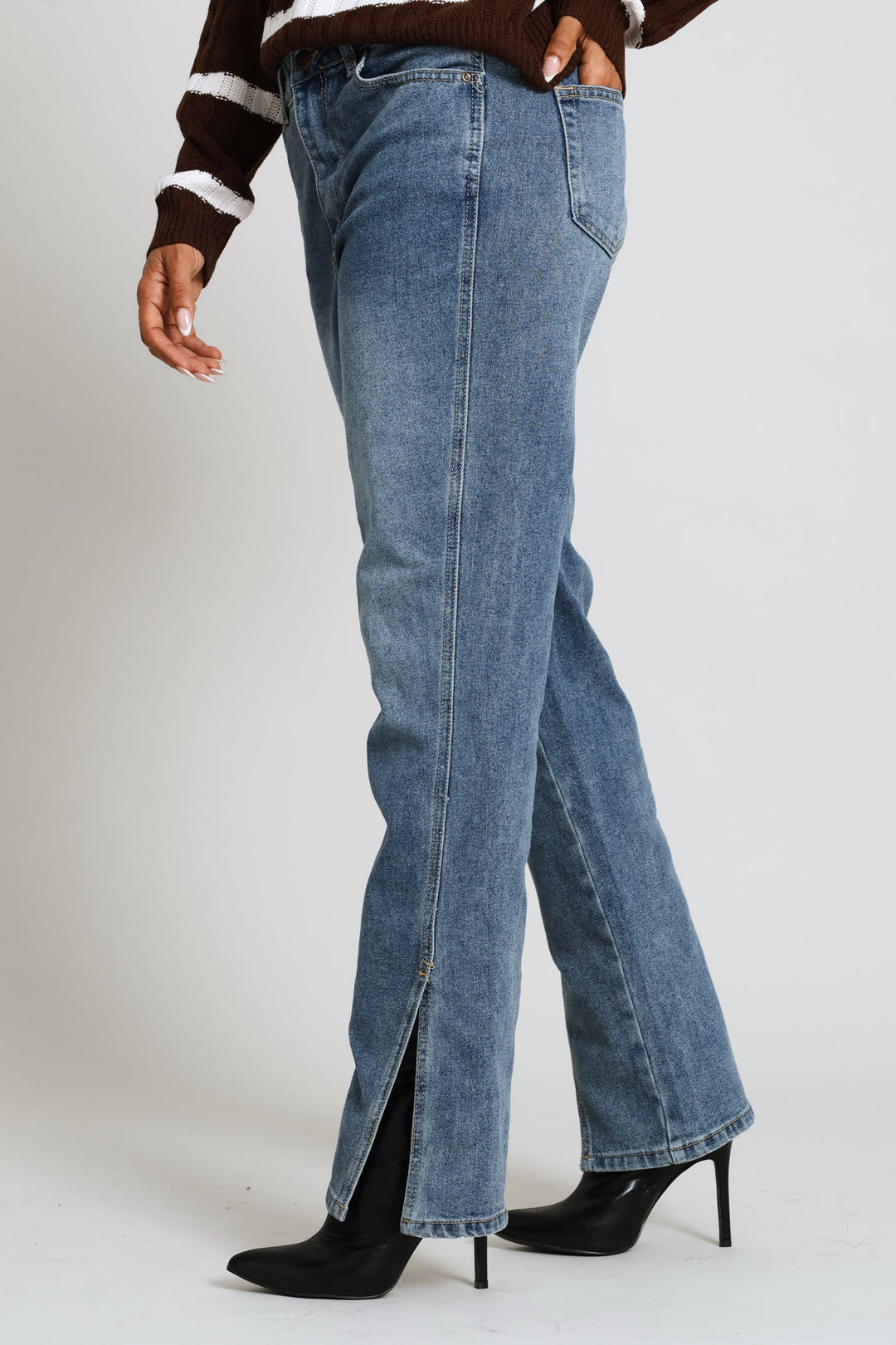 Split Hem Panel Detail Slim Leg Denim - Tea Stain
